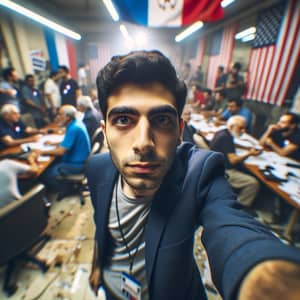 Determined Young Middle-Eastern Project Coordinator in Intense Election Office Scene