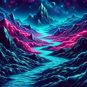 Futuristic 8K Neon-Style River Illustration in Mountainous Terrain