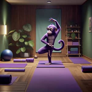 Animated Purple Monkey Practising Yoga in Well-Equipped Studio