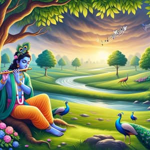 Krishna Playing Flute in Serene Landscape