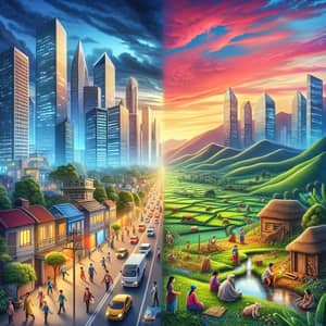 City and Village Life Contrast: Skyscrapers vs Rolling Hills