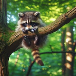 Raccoon Hanging Upside Down in a Tree