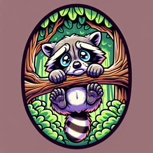 Sad Raccoon Hanging Upside Down in a Tree Cartoon