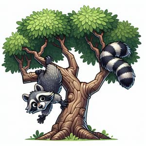 Raccoon Hanging Upside Down in Tree - Fun Illustration