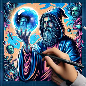 Surreal Wizard Holding Glowing Blue Orb - Unique Digital Art