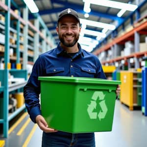 Smiling Man Holding Recycling Box in Factory