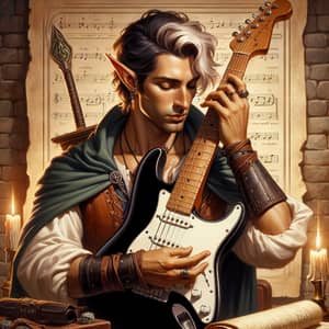 Half-Elf Bard with Black Fender Stratocaster | Fantasy Character Illustration