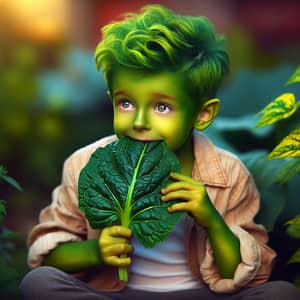 Vibrant Green-Haired Boy Enjoying Nature's Bounty with a Crunchy Snack