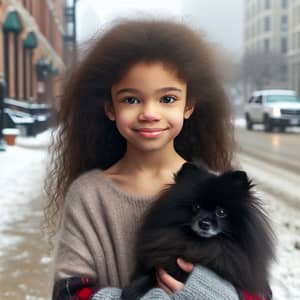 African American Girl with Pomeranian Dog in Winter Chicago