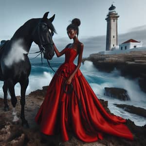 Captivating Black Woman in Stylish Red Gown Petting Majestic Horse