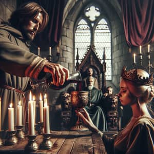 Medieval Castle Scene: Man Fills Woman's Goblet with Wine
