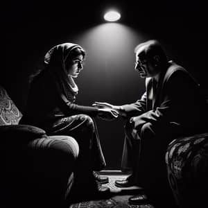 Empathetic Psychologist Guiding Kurdish Woman in Dimly Lit Setting