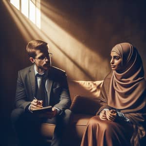 Psychologist Supporting Female Journalist in Dimly Lit Room