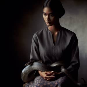 Calm Woman with Snake in Dim Lighting