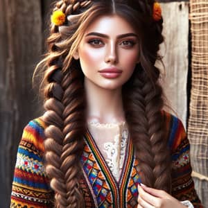 Traditional Kurdish Woman with Long Braided Hair