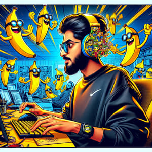 Middle-Eastern Programmer with Minion-themed Headphones in Geek Workspace