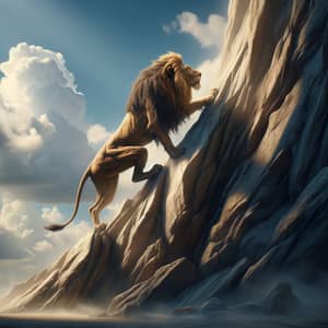 Majestic Lion Climbing a Rocky Cliff