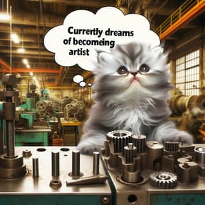 Fluffy Kitten Pursues Artistic Dreams in Industrial Setting