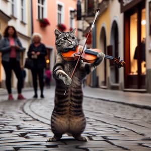 Charming Cat Plays Violin on Cobblestone Street