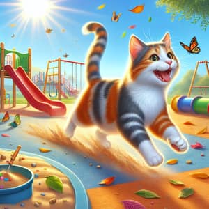 Playful Domestic Cat Chasing Butterfly in Colorful Playground