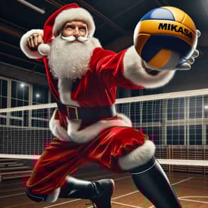 Santa Claus Playing Volleyball in Indoor Gymnasium