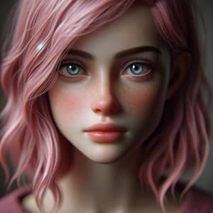 Super Realistic Portrait of a Girl with Pink Hair and Blue Eyes