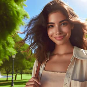 Cute Hispanic Woman in Sunny Park with Book and Handbag