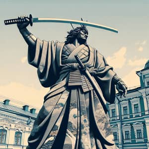 Russian Statue 'Motherland' in Samurai Style - Ukiyo-e Inspired