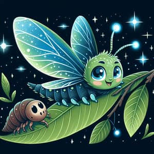 Brilliant Green and Blue Firefly with Curious Cricket in Night Scene