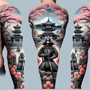 Japanese Samurai and Temple Full Sleeve Tattoo Design