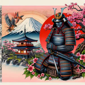 Japanese Samurai Tattoo Design with Cherry Blossom Tree and Mount Fuji