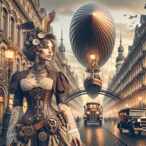 Steampunk Aficionado in Bustling City Street with Intricate Airship