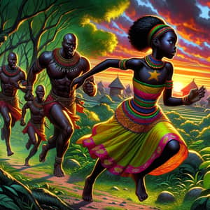 Black Princess Escaping Warriors in African Forest at Sunset