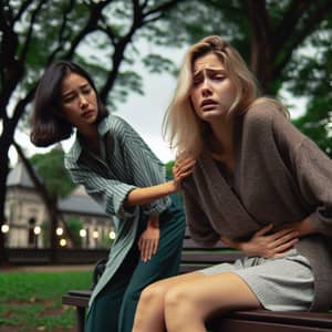 Woman Vomiting Outdoors - Scene of Sickness and Comfort in the Park