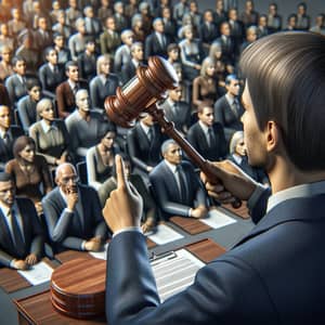 Realistic Auction Broker Raising Gavel in Trade Hall