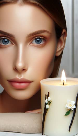 Blue-Eyed Woman & Vanilla Candle Close-Up