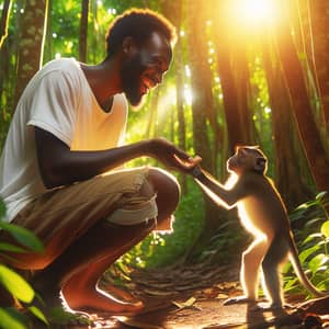 Playful Monkey and Black Man in Lush Forest