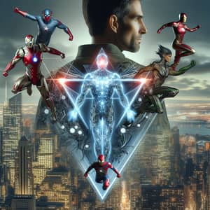 Superhero Triangle Formation in Futuristic Cityscape