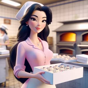 Beautiful Woman in Pixar 3D Style Bakery Scene with Bite-Sized Pastries