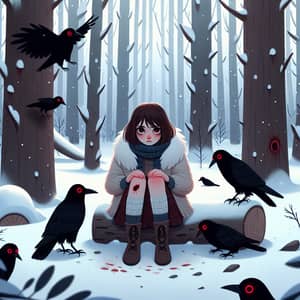 Girl in Snow-Covered Forest Surrounded by Crows with Red Eyes