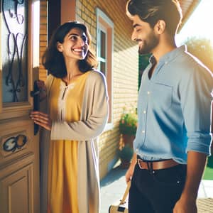 Cheerful Meeting Between Middle-Eastern Woman and South Asian Man