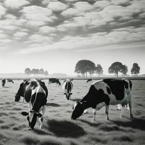 Black and White Dutch Cows Grazing in Greenfield