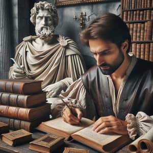 Middle-Eastern Man Writing Poem in Front Of William Shakespeare Statue