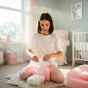 Brunette Opening Pink Diapers in Nursery