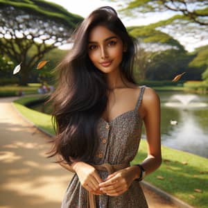 Tranquil Park Scene: South Asian Woman in Floral Sundress