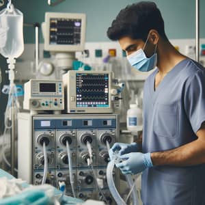 South Asian Anesthesiologist Preparing Anesthesia Equipment