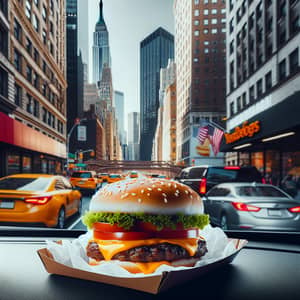 Delicious Cheeseburger in Car with New York City Skyline