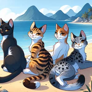 Cute Cat Girls Relaxing on Ocean Beach | Beautiful Mountain View