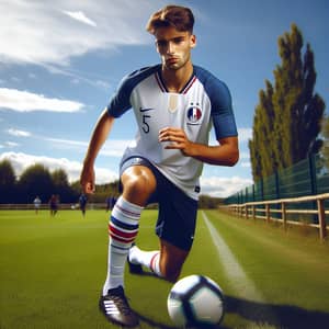 Professional Football Player in Junior Team Uniform on Grassy Field