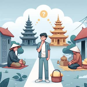 Vietnamese Young Man Contemplates Choices: Temple or Aid?